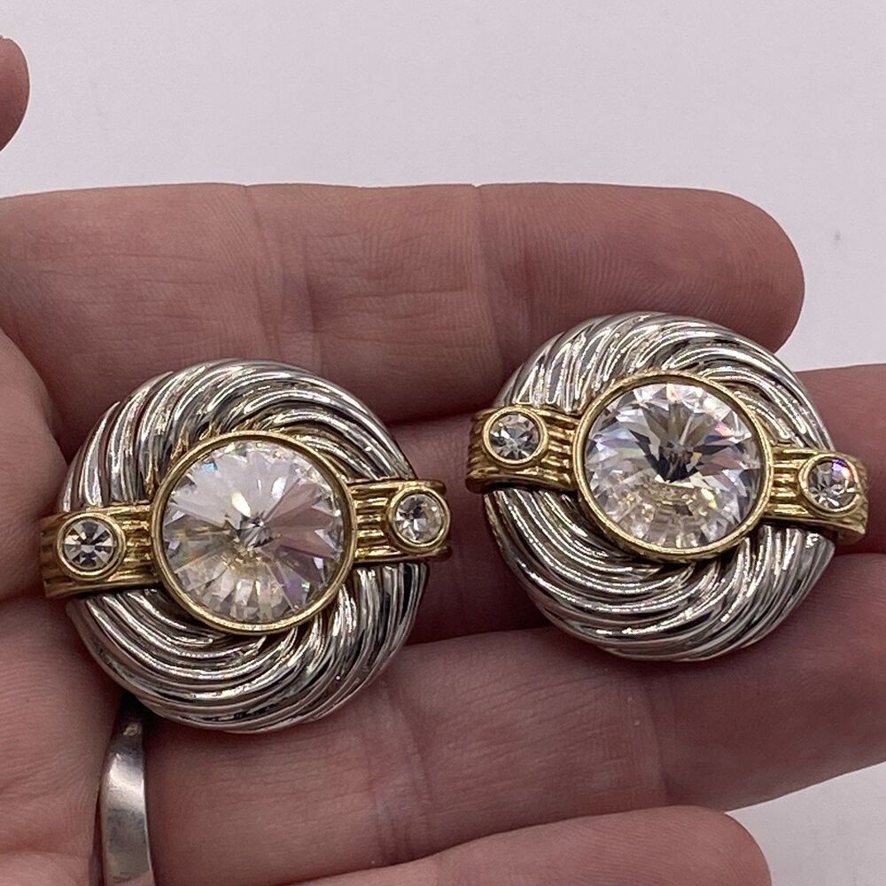 PARK LANE Two Tone 80’s Runway  Rhinestone Rivoli Earrings Clip Signed Vintage